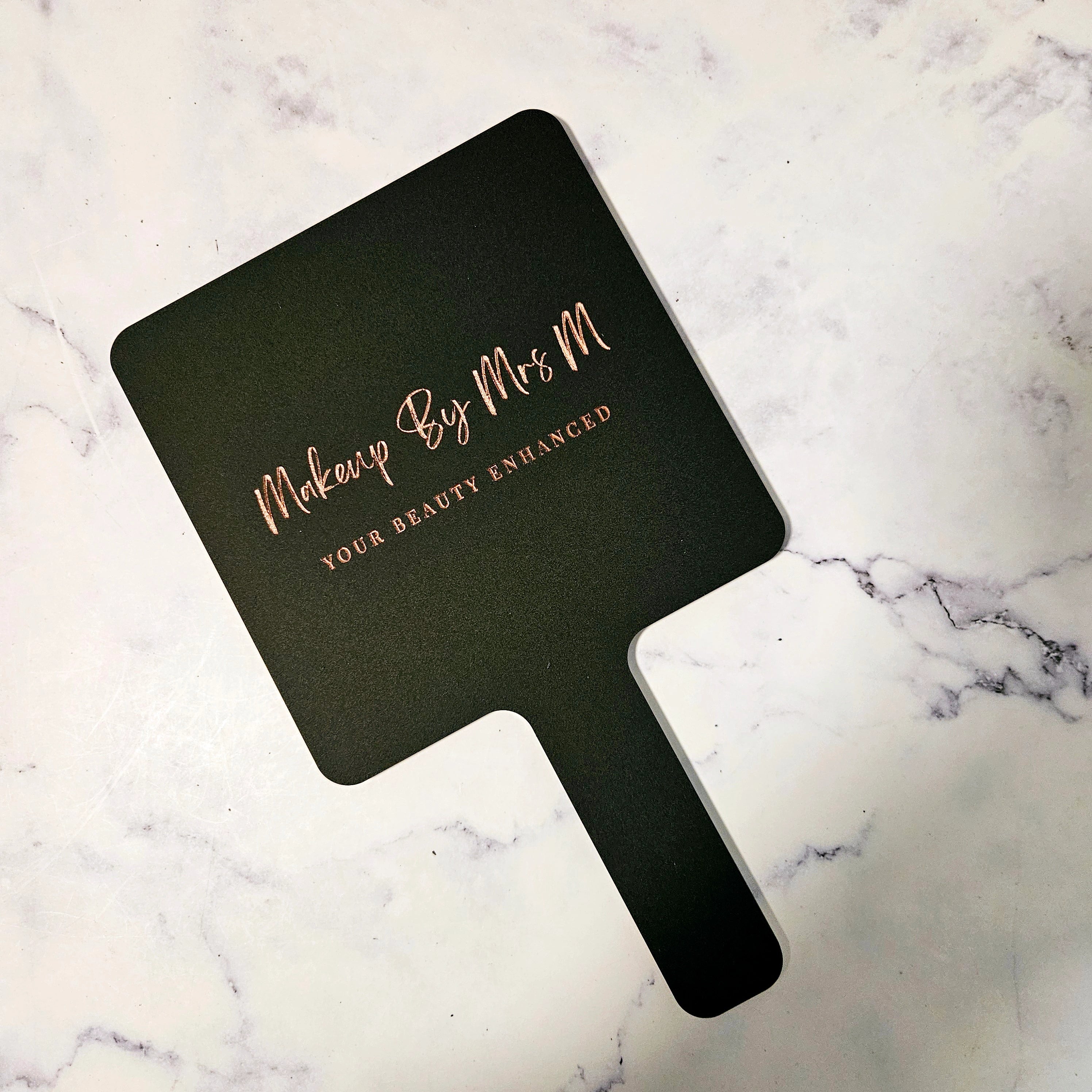 Square Handheld Mirror in Black Acrylic & Rose Gold Logo