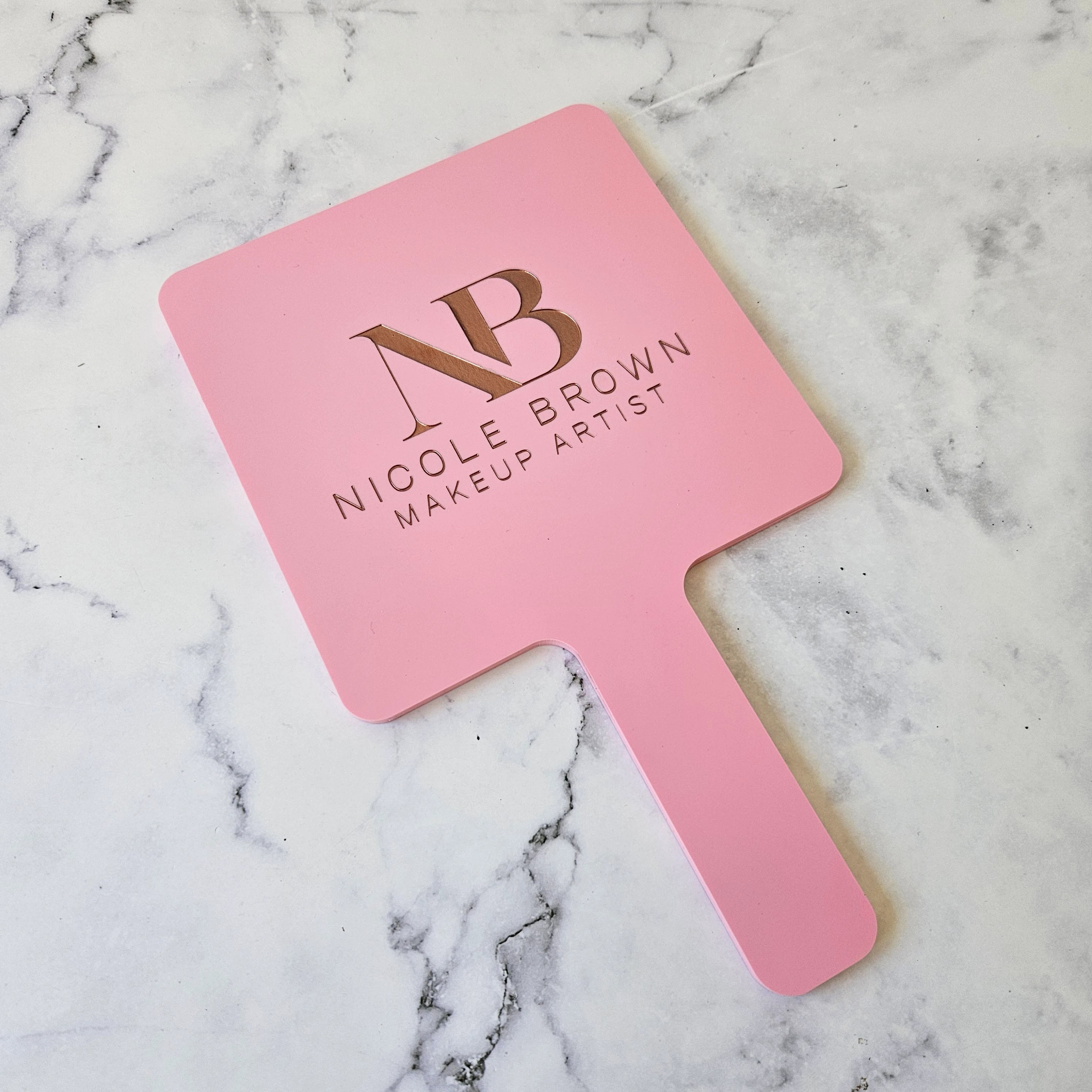 Custom Square Handheld Mirror in Pastel Pink with Rose Gold Logo