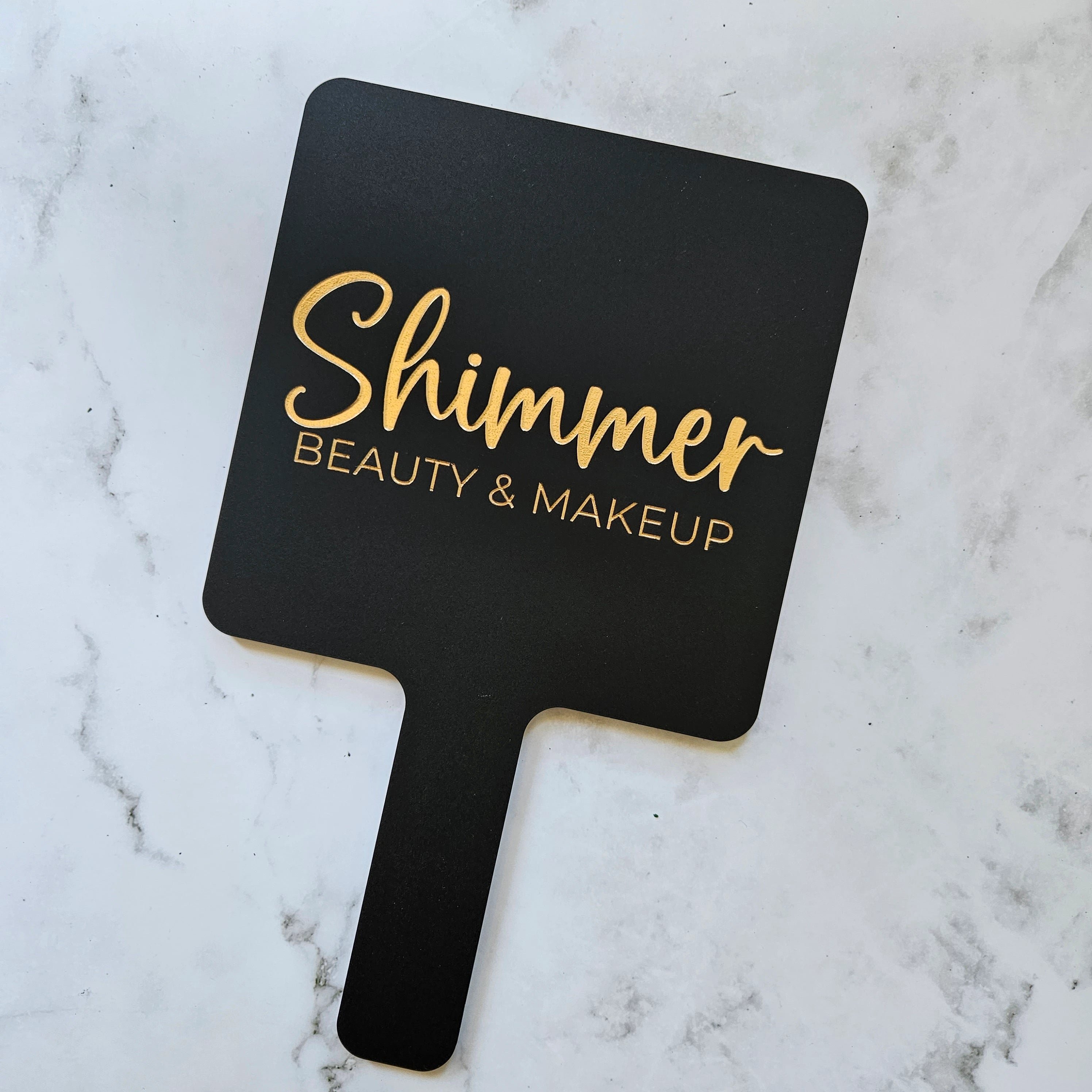 Square Handheld Mirror in Black Acrylic & Gold Logo