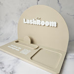 Arch square reader docking station in nude acrylic and white 3D acrylic letters